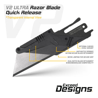Exceed Designs - TiRant ULTRA HotSwap™ V2 Quick - Release RAZOR Blade Holder (Jet - Black & Contoured Tempered Stainless) Straight Choil + W/Micro - Jimping - KOHEZI